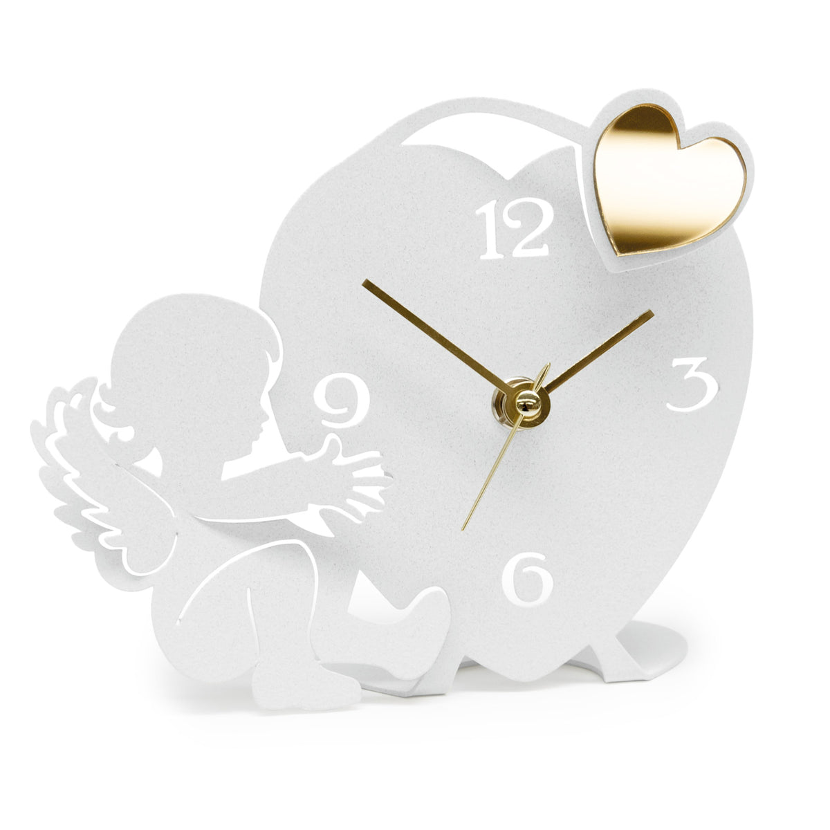 Divertente orologio da tavolo con decorazione in polimetilmetacrilato specchiato, perfetto sia come complemento d’arredo o come bomboniera. Dimensione: 16 x 14 H. Una linea di bomboniere moderne realizzate in ferro tagliato a laser e disponibili in tanti colori.. In negozio e online su tuttochic.live