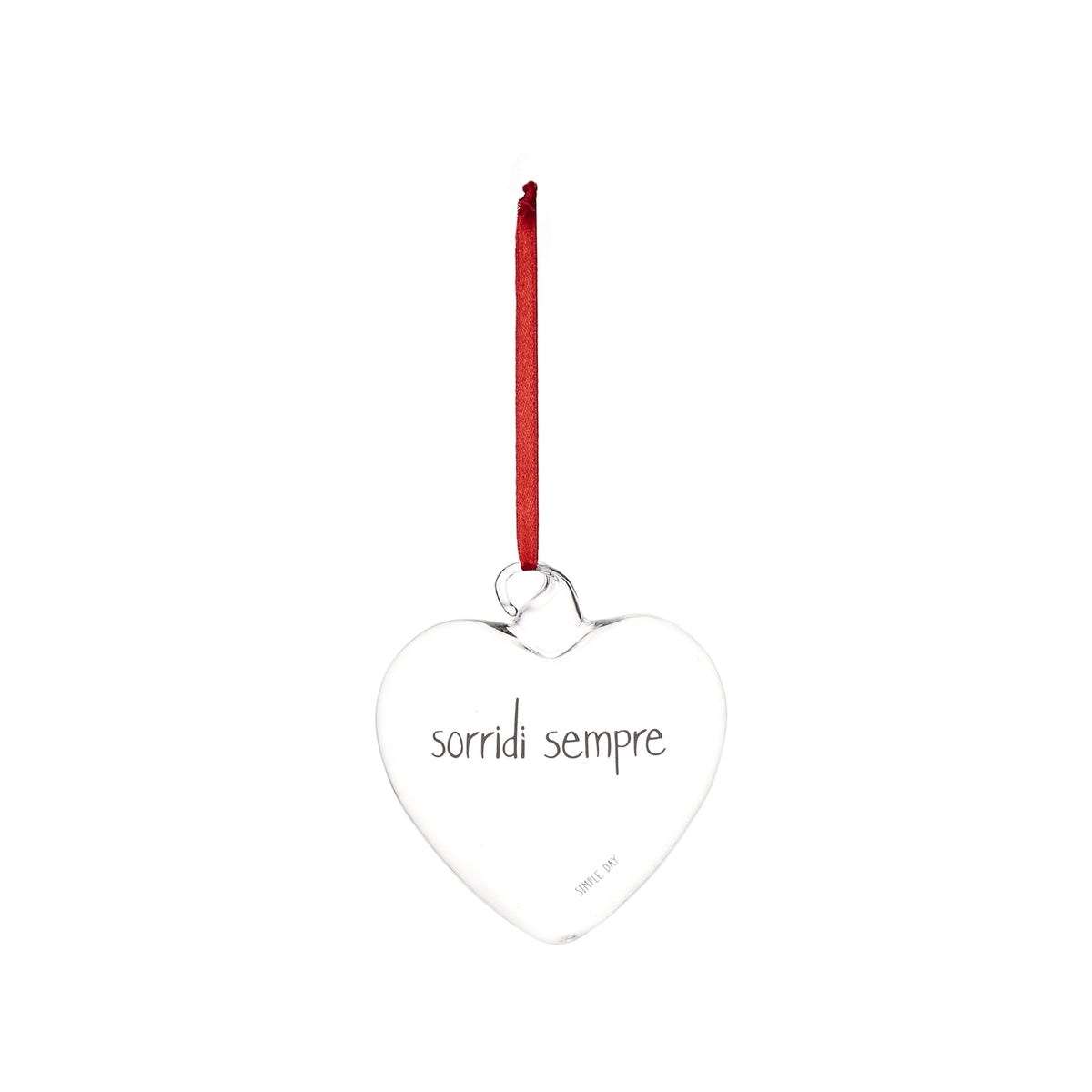 La pallina cuore "sorridi sempre" è un allegro decoro da appendere, realizzato in vetro borosilicato. In negozio e online su tuttochic.live