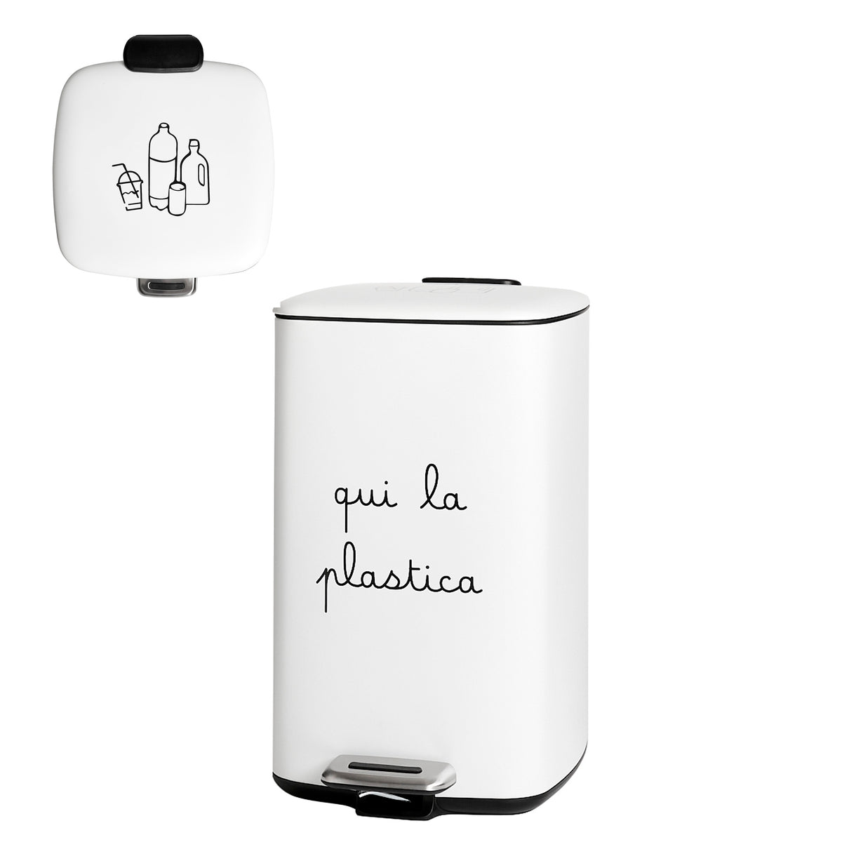 Pattumiera bianca in metallo con contenitore interno in plastica. Dimensione: 37x27 x h45 cm Capacità contenitore: 20 litri. In negozio e online su tuttochic.live