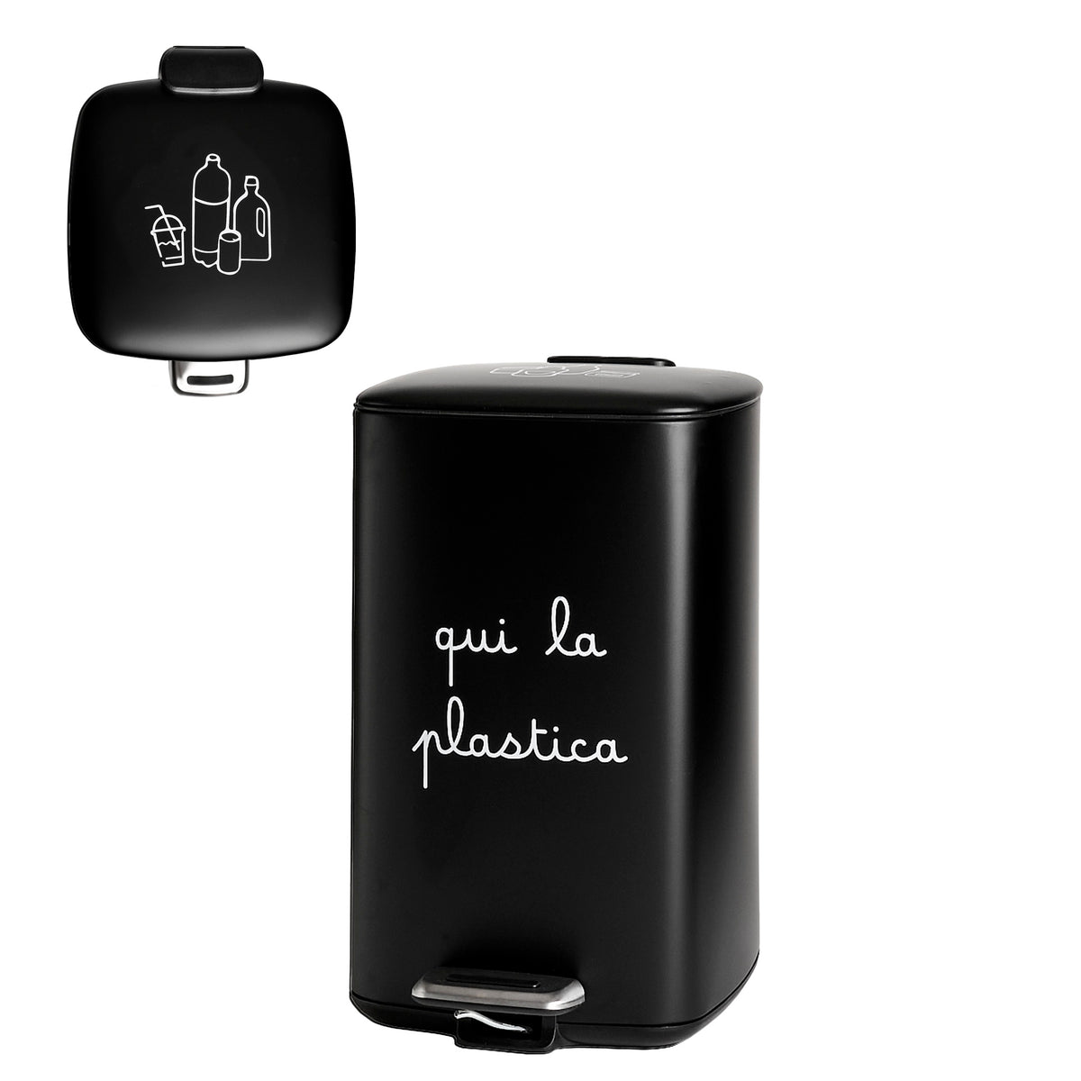Pattumiera nera in metallo con contenitore interno in plastica. Dimensione: 37x27 x h45 cm Capacità contenitore: 20 litri. In negozio e online su tuttochic.live