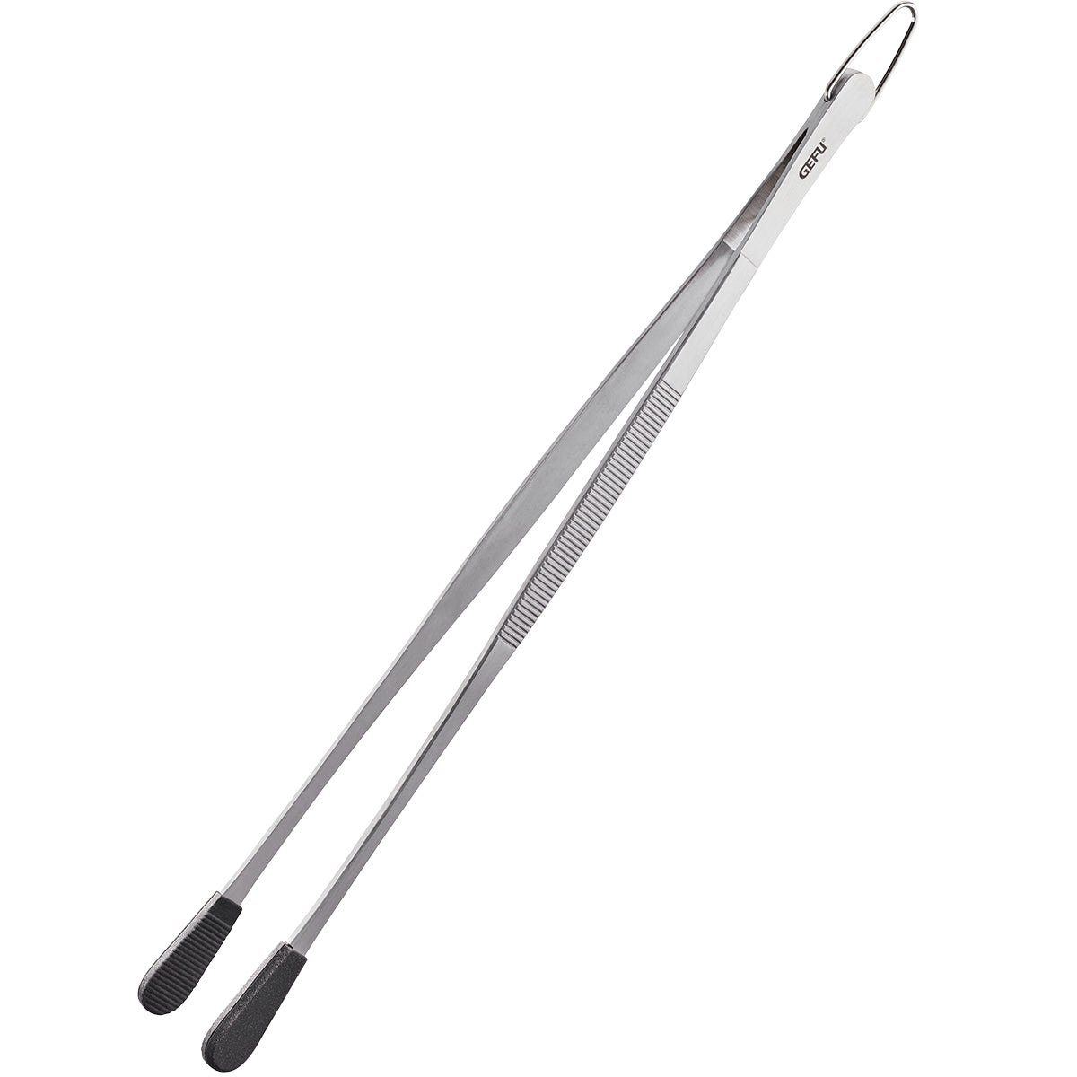 Pinzetta da cucina PINOLA di GEFU in acciaio inossidabile con estremità in silicone nero, lunga 30,5 cm.