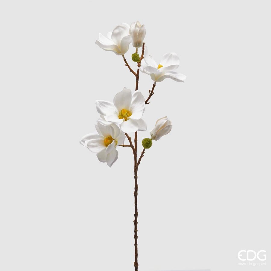 Ramo di magnolia artificiale. Realizzato con petali in tessuto bianco e un ramo in plastica marrone, ogni fiore sembra appena sbocciato. Dimensioni: altezza cm 65. In negozio e online su tuttochic.live