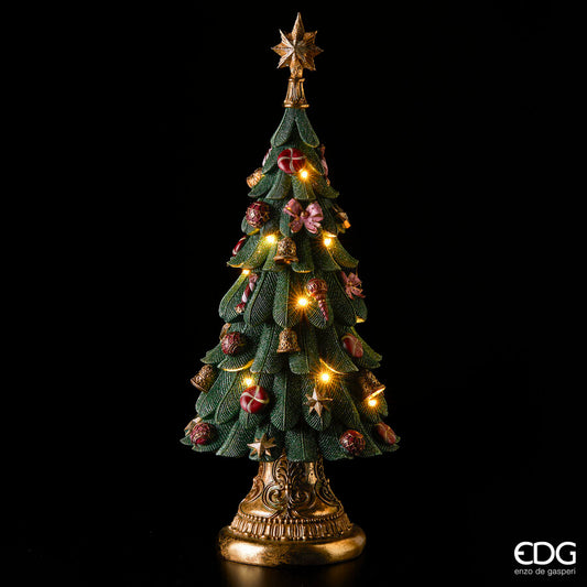 Albero di Natale in poliresina EDG da 60 cm illuminato al buio da calde luci micro LED integrate tra i rami dorati e verdi, con stella puntale luminosa.