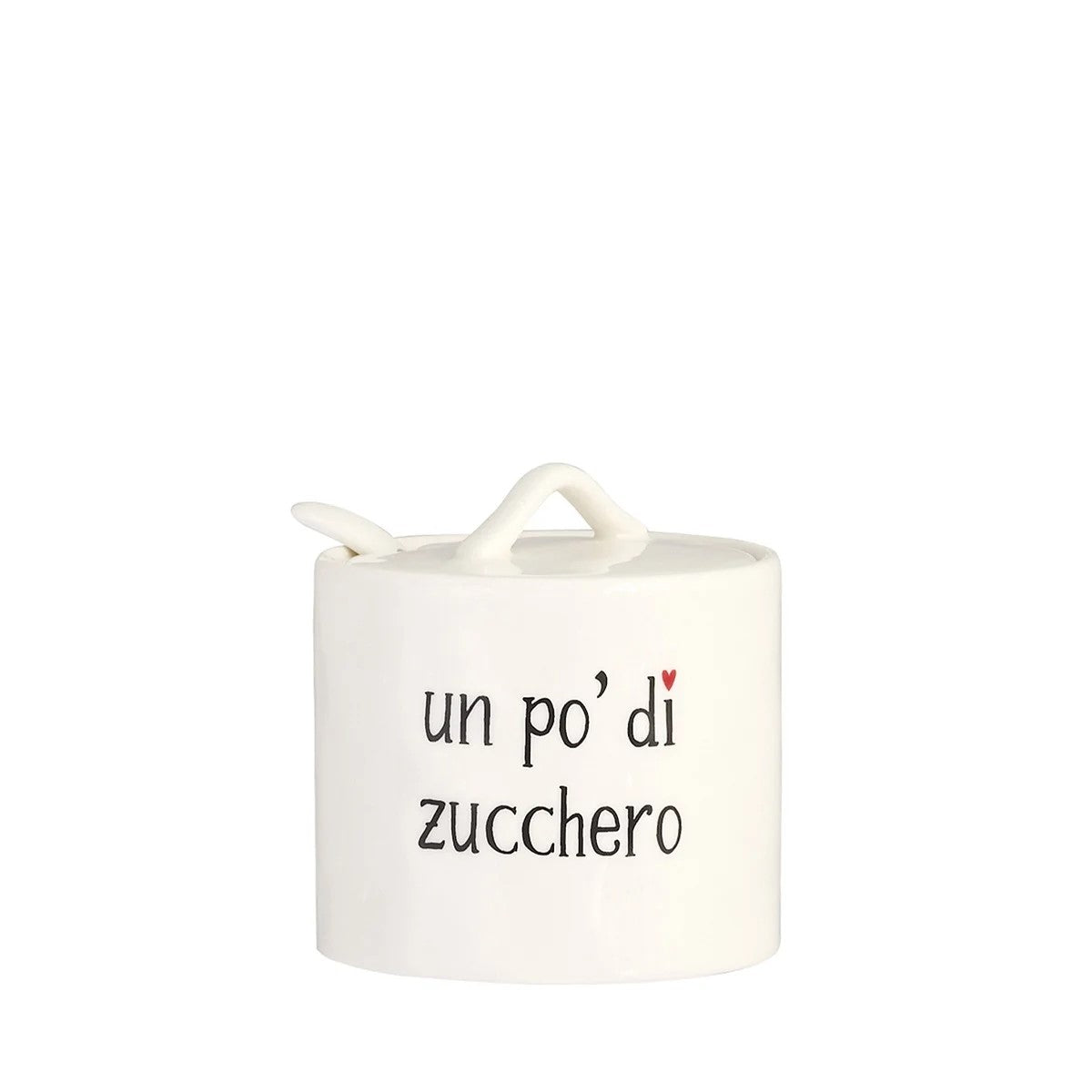 Zuccheriera "un pò di zucchero" in gres porcellanato bianco. Completa di coperchio e cucchiaino. Dimensioni: cm Ø 8,3 x h 8,5 Lavabile in lavastoviglie. In negozio e online su tuttochic.live