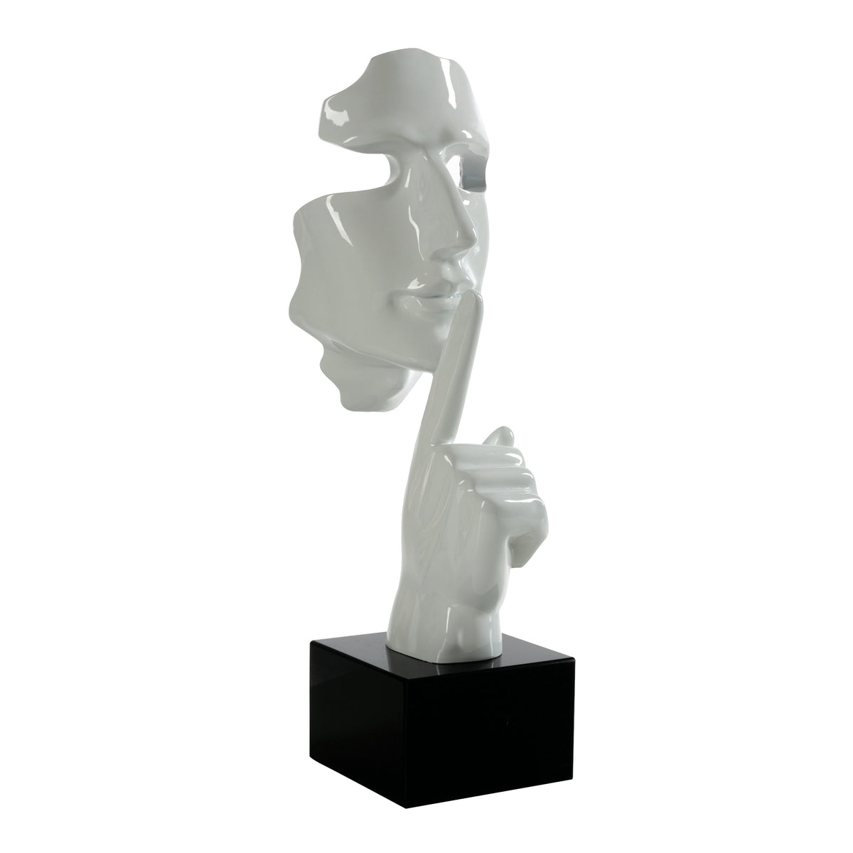 Scultura moderna che rappresenta un volto bianco lucido con il dito sulle labbra, altezza 48 cm su base in marmo nero, brand Ambienti Glamour, Tutto Chic.