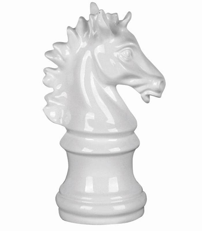 Scultura a forma di cavallo degli scacchi bianco lucido specchiato, h 35 cm, brand Ambienti Glamour, arredamento moderno e lussuoso, Tutto Chic.