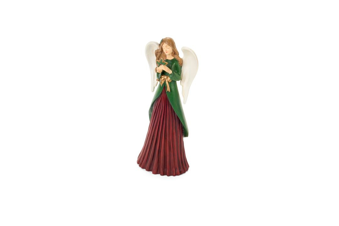 Statuina decorativa natalizia alta 25 cm raffigurante un angelo custode in resina con lunga giacca verde a coste, grandi ali e una stella oro tra le mani, collezione Magic Noel Nuvole di Stoffa, Tutto Chic.