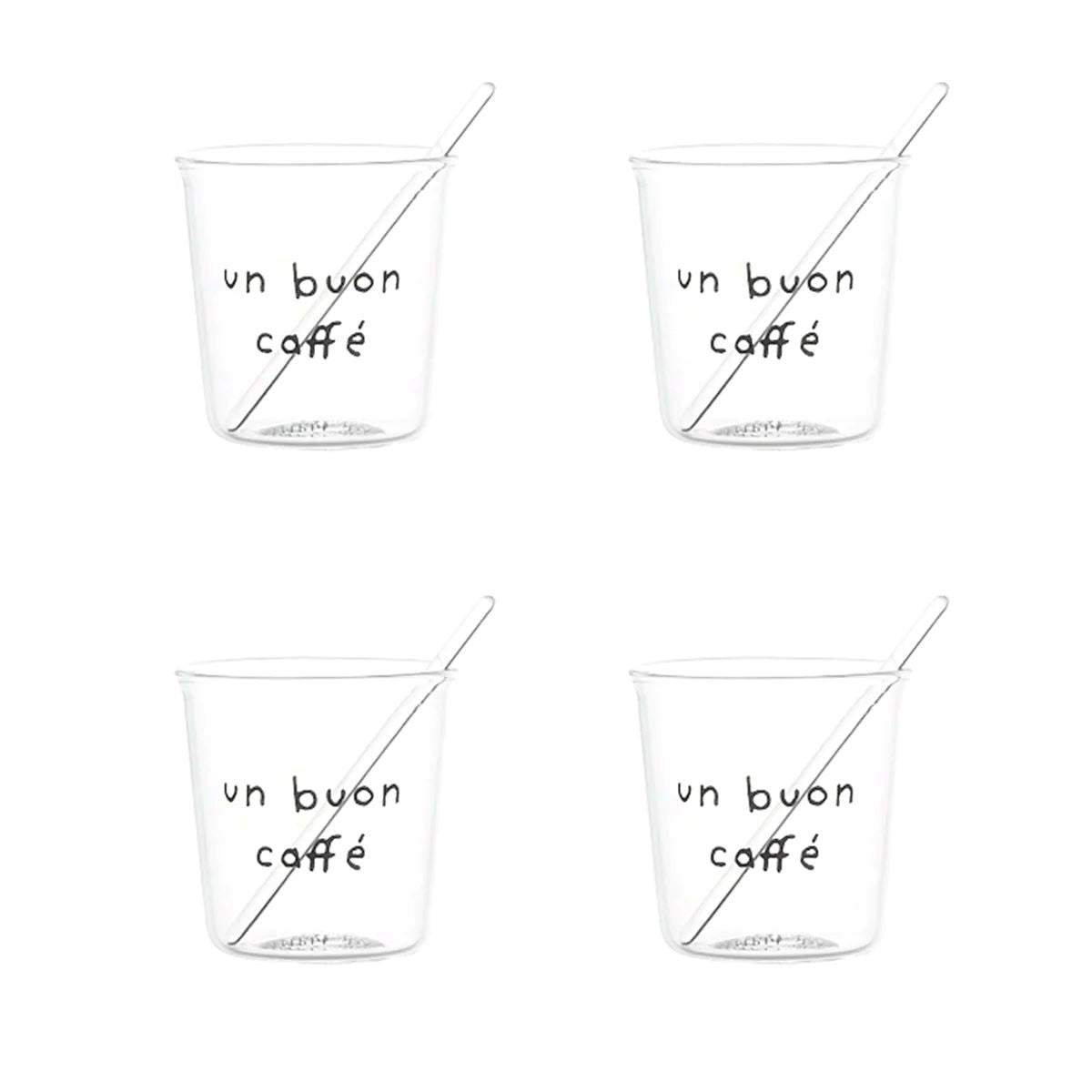 Goditi il tuo espresso con stile e un pizzico di ironia con il set di 4 bicchierini espresso "Pausa Caffè". Realizzati in resistente vetro borosilicato con decoro "un buon caffè" in nero. Lavabili in lavastoviglie. Dimensioni: Ø 5.8 cm x h 6 cm - palettina in vetro inclusa. In negozio e online su tuttochic.live