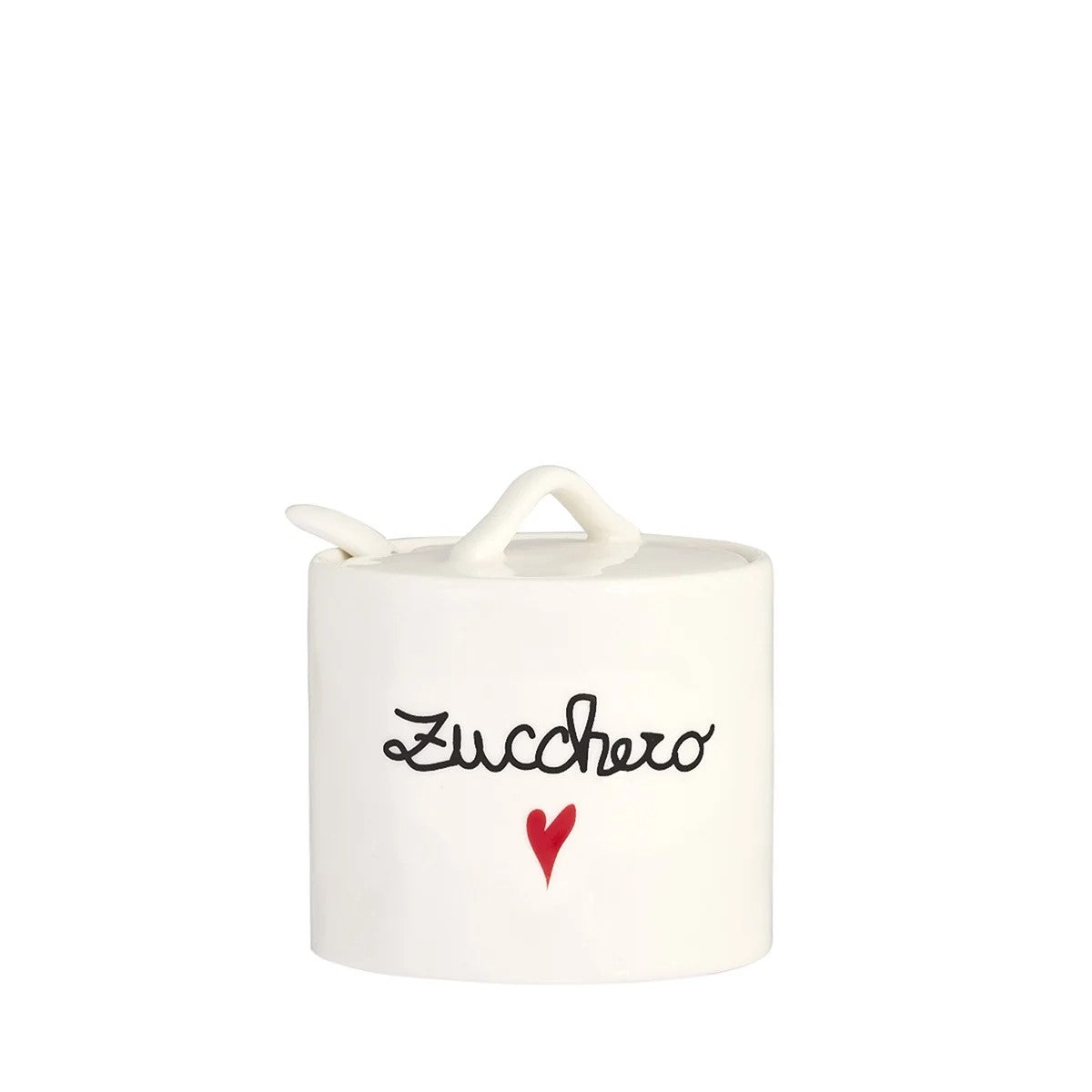 Zuccheriera "zucchero" in gres porcellanato bianco. Completa di coperchio e cucchiaino. Dimensioni: cm Ø 8,3 x h 8,5 Lavabile in lavastoviglie. In negozio e online su tuttochic.live