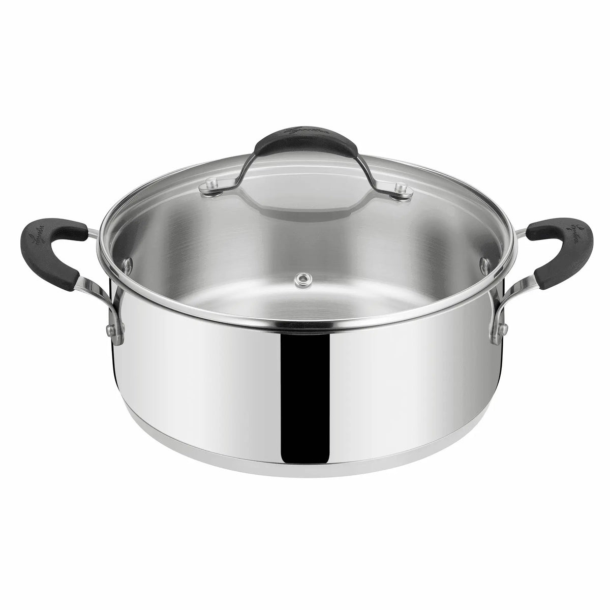 Casseruola bassa in acciaio inox diametro 26 cm capienza 5,3 litri con fondo Lagotherm coperchio in vetro e manici rivettati in silicone nero linea Tempra Acciaio di Lagostina.