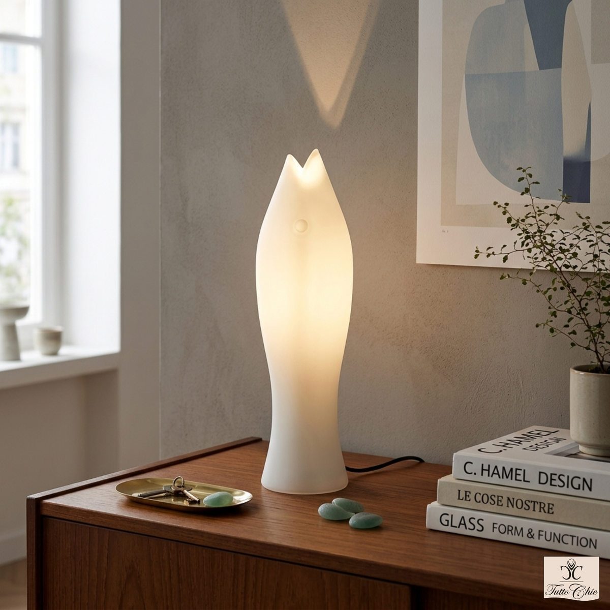 Lampada da tavolo Jill Le Cose Nostre a forma di pesce in vetro soffiato bianco latte con bocca aperta. Design di C. Hamel Tutto Chic.
