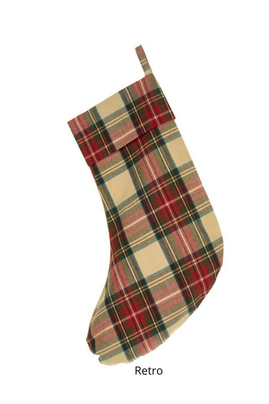 Calza di Natale Nuvole di Stoffa collezione Vintage Toys con illustrazione Burattino e risvolto tartan scozzese, 40x20 cm, Tutto Chic.