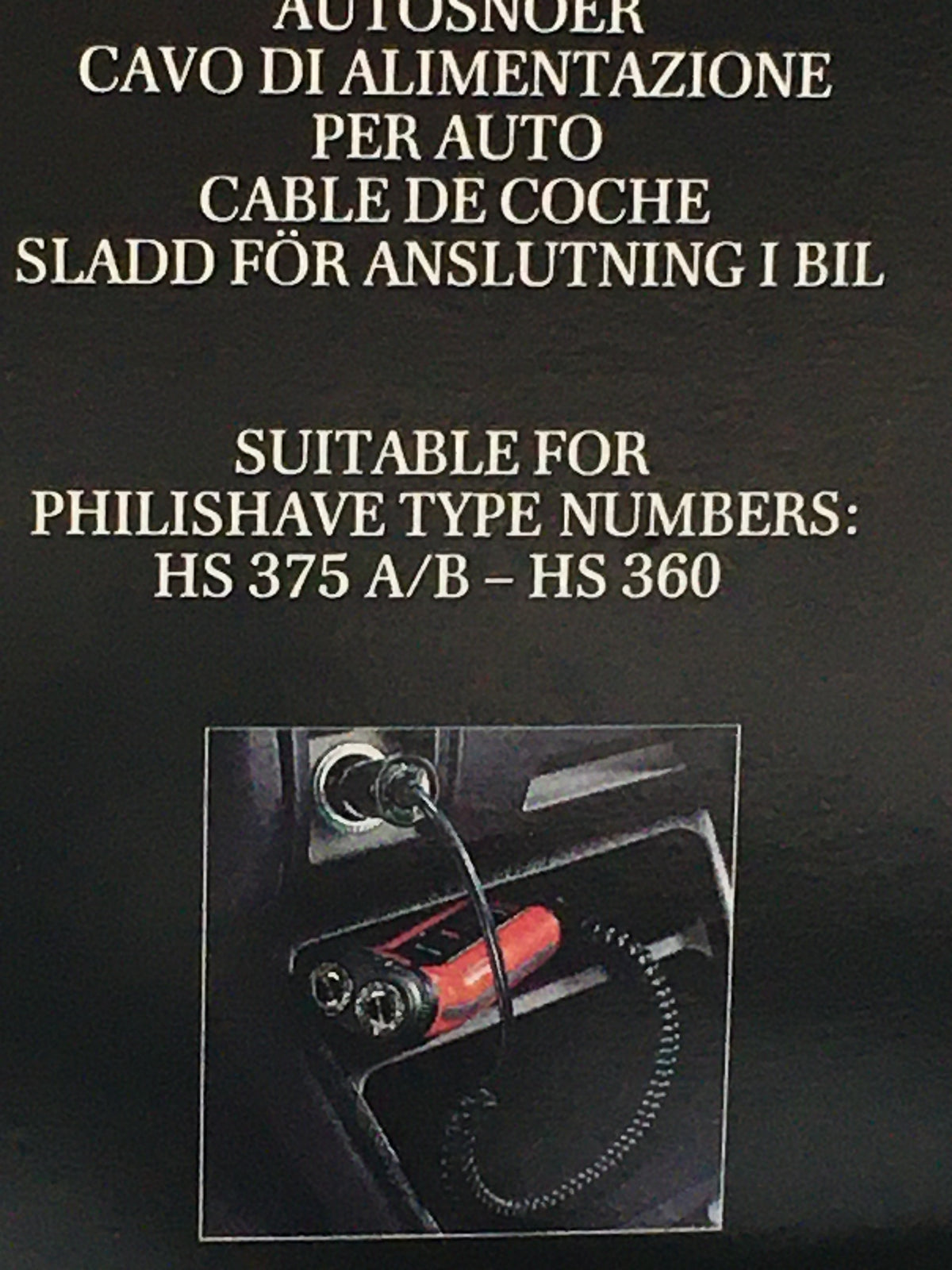 Cordone di alimentazione per auto da inserire nell'accendisigari per i seguenti modelli di rasoi da barba marca Philips: HS375 A/B - HS360. In negozio e online su tuttochic.live