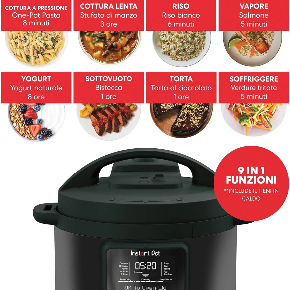 Instant Pot Duo è 9 apparecchi in 1: pentola a pressione, padella, pentola a vapore, pentola a cottura lenta, pentola per riso, scaldavivande e yogurt, sterilizzatore, sous vide. In negozio e online su tuttochic.live