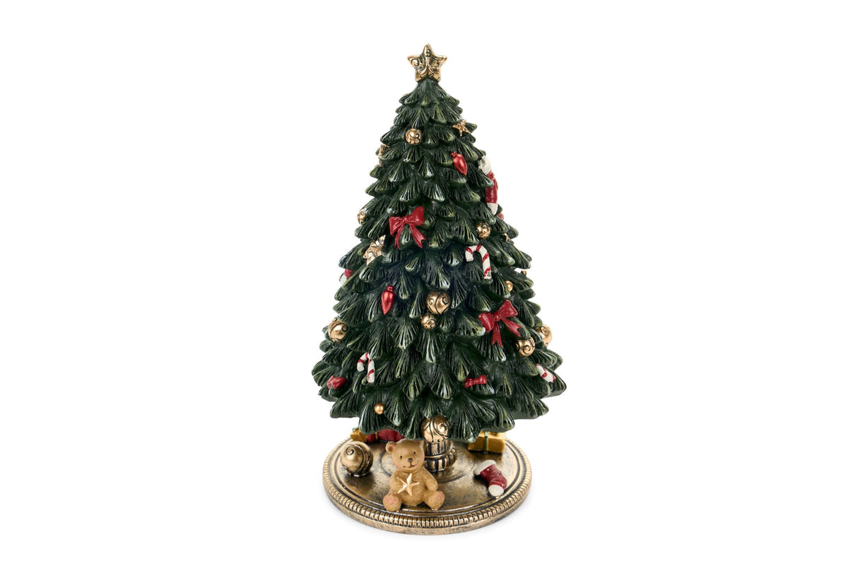 Carillon natalizio a forma di albero decorato con orsetto alla base, h 23,5 cm, meccanismo a molla, collezione Vintage Toys Nuvole di Stoffa, Tutto Chic.
