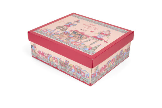 Plaid natalizio con elfi, baule dei giocattoli e fiocco rosso, collezione Vintage Toys Nuvole di Stoffa, grammatura 480 gsm, Tutto Chic.