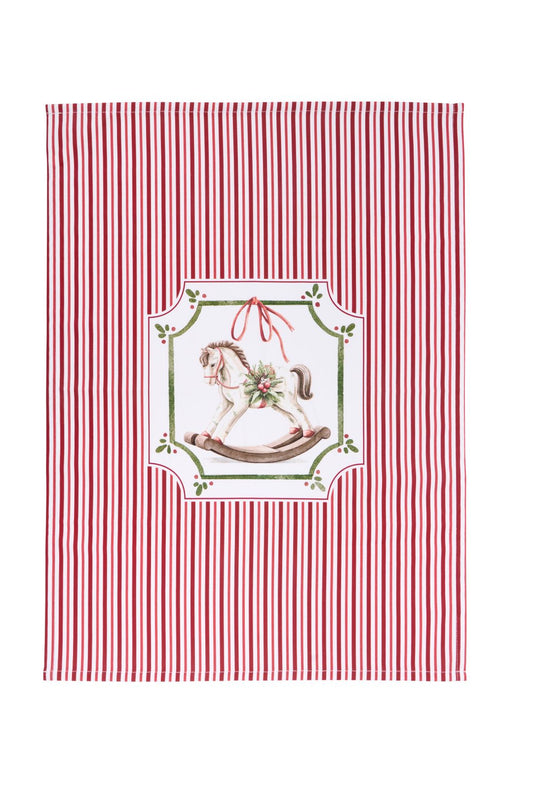 Strofinaccio da cucina natalizio 50x70 cm a righe verticali rosse e bianche con grande stampa centrale di un cavallo a dondolo antico, collezione Magic Noel Nuvole di Stoffa, Tutto Chic.