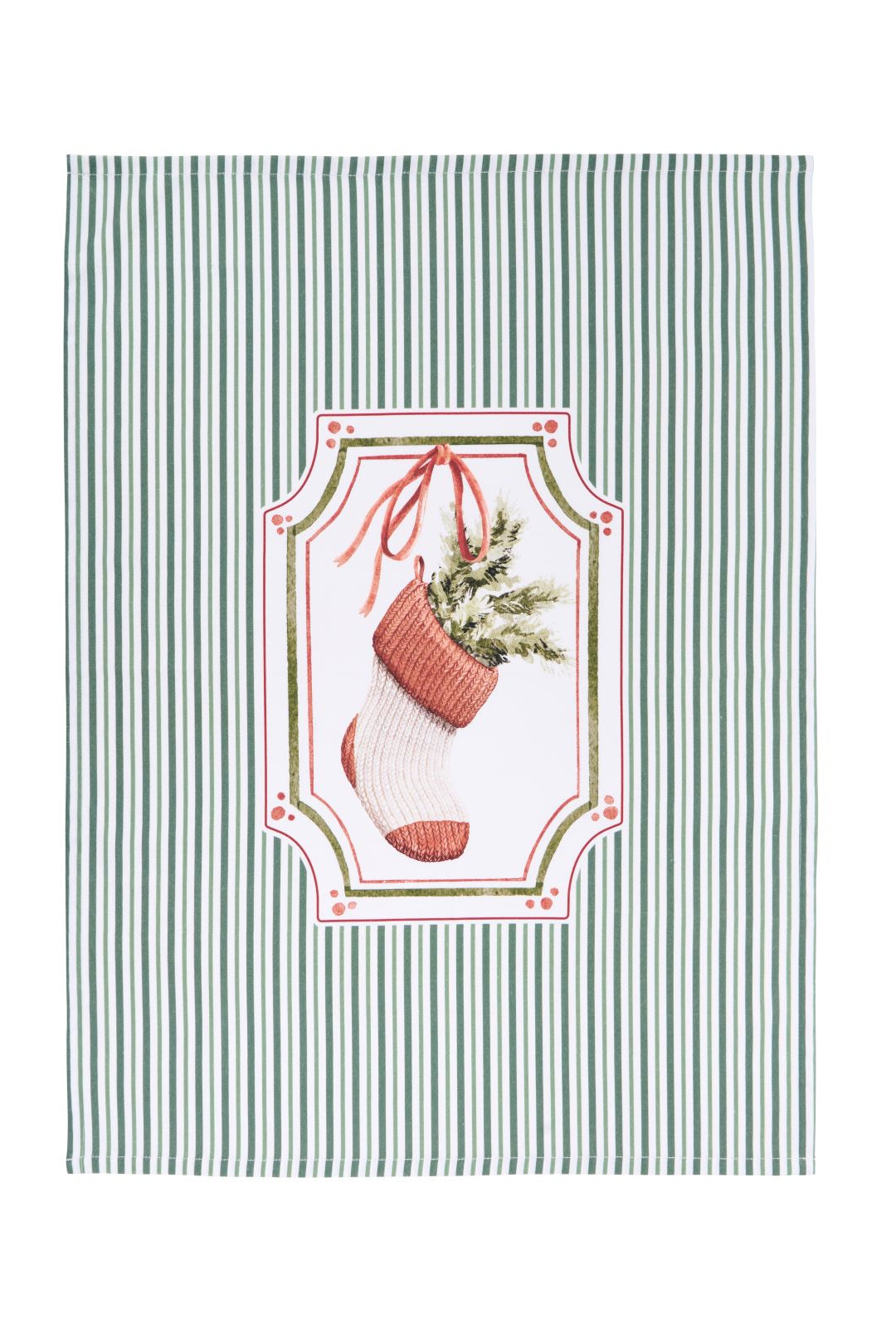 Strofinaccio da cucina natalizio 50x70 cm a righe verticali bianche e verdi con stampa centrale di una calza di lana piena di rami di pino, collezione Magic Noel Nuvole di Stoffa, Tutto Chic.
