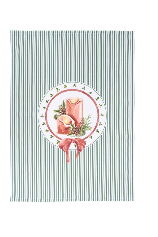 Strofinaccio da cucina natalizio 50x70 cm a righe verticali bianche e verdi con stampa centrale di due candele accese con agrifoglio e bacche rosse, collezione Magic Noel Nuvole di Stoffa, Tutto Chic.