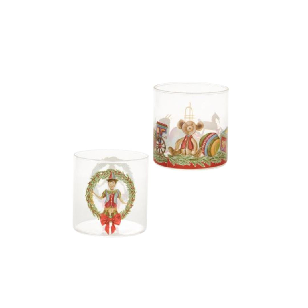 Set di 6 bicchieri natalizi in vetro borosilicato con disegni vintage di Pinocchio e giocattoli antichi, collezione Vintage Toys Nuvole di Stoffa, Tutto Chic.
