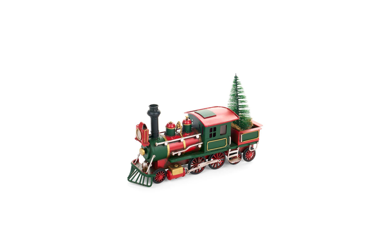 Treno natalizio vintage in metallo da 27,5 cm in colore rosso, verde e oro con alberello di Natale innevato nel vagone, collezione Vintage Toys di Nuvole di Stoffa.