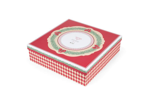 Alzatina natalizia in ceramica diametro 32 cm con disegni di giocattoli vintage e scatola regalo, collezione Vintage Toys Nuvole di Stoffa, Tutto Chic.