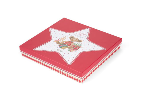 Piatto natalizio a forma di stella in ceramica con decorazioni di giocattoli vintage e bordo rosso, collezione Vintage Toys Nuvole di Stoffa, Tutto Chic.