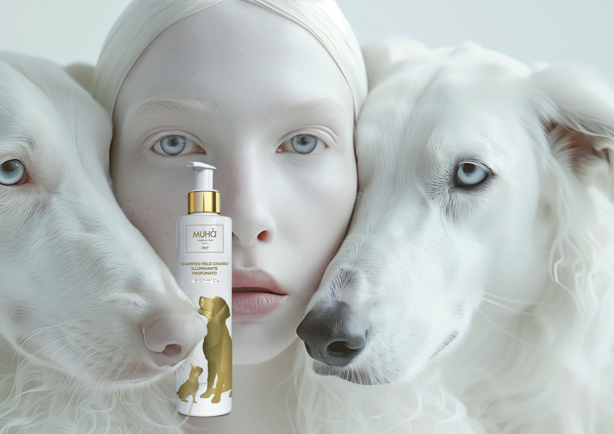Shampoo specifico per la cura e la bellezza dei manti chiari e bianchi dei cani, formulato con aloe vera, estratto di papaya, estratto di calendula e infuso di fiori di camomilla. Quantità: 200 ml.In negozio e online su tuttochic.live