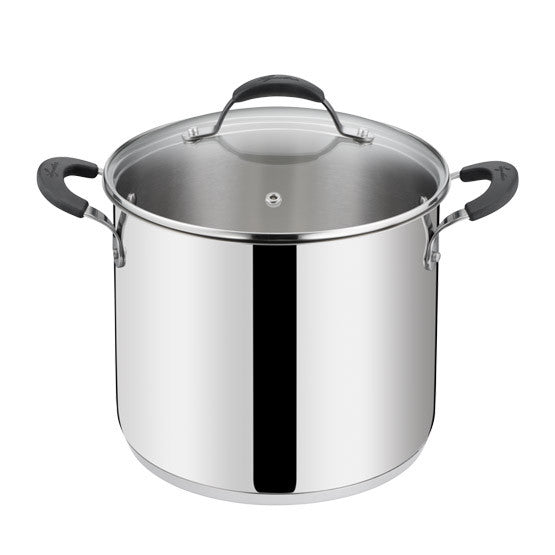 Pentola alta in acciaio inox con fondo Lagotherm coperchio in vetro e manici rivettati in silicone nero linea Tempra Acciaio di Lagostina.