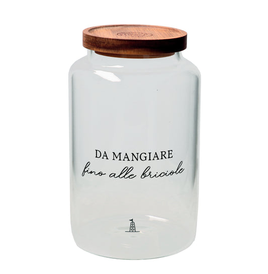 Biscottiera in vetro borosilicato trasparente decorato con tappo ermetico in legno scuro. Cm ø 14 x h 24 - 3000 ml. In negozio e online su tuttochic.live