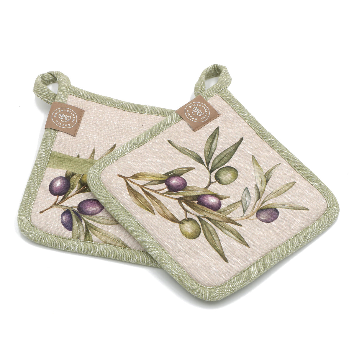 Set 2 presine da cucina 17x17 cm – collezione Olyvia – Rose & Tulipani – decoro foglie d’ulivo