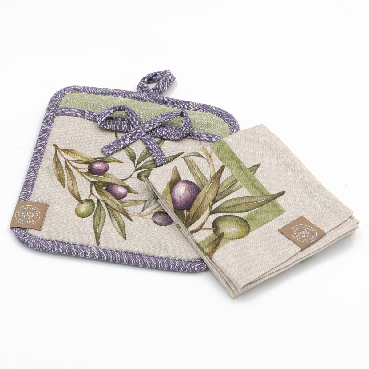 Set cucina con presina e strofinaccio – collezione Olyvia – Rose & Tulipani – decoro olive