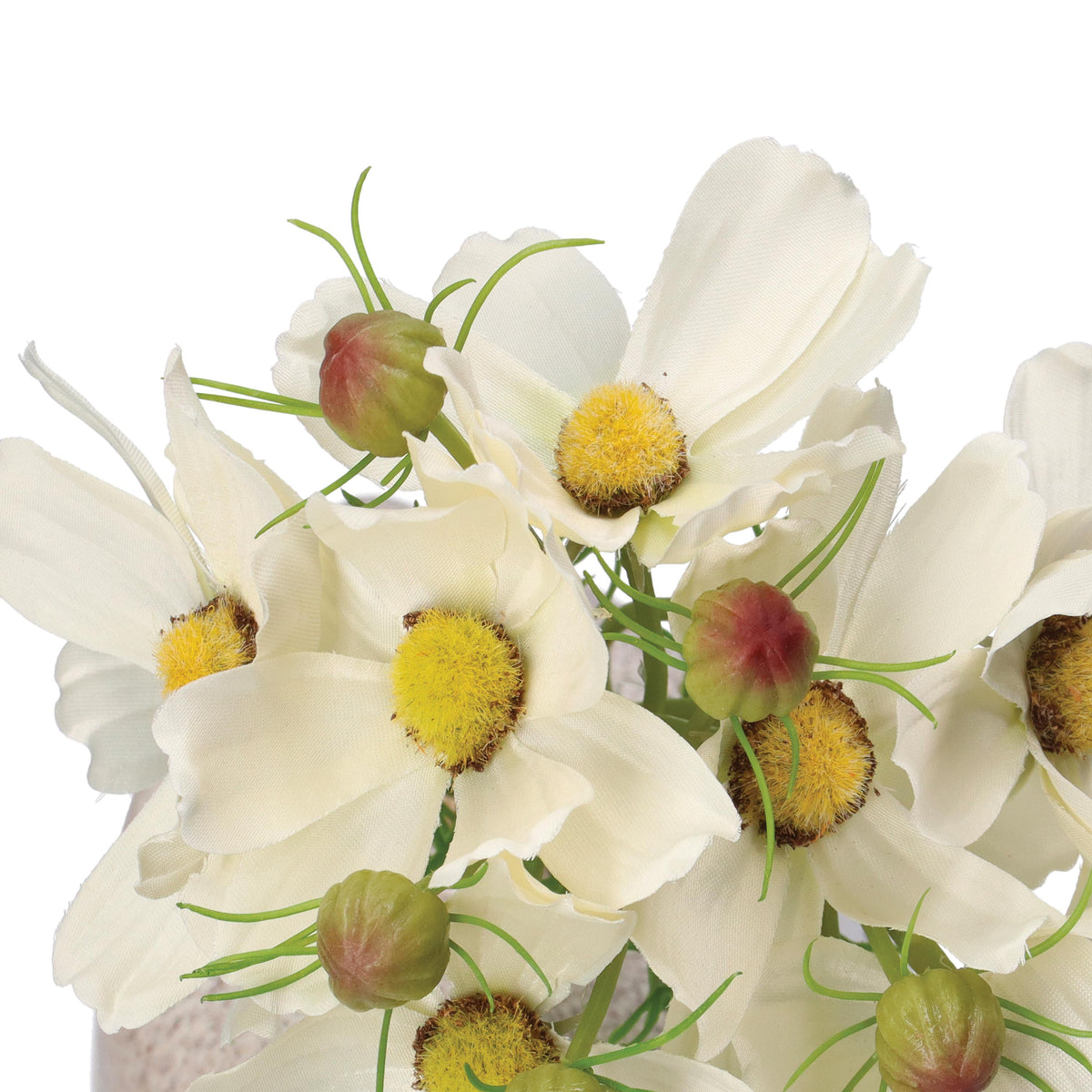 Mazzetto di fiori Cosmos bianchi artificiali, petali in tessuto steli in plastica. Dimensioni: altezza cm 26. In negozio e online su tuttochic.live