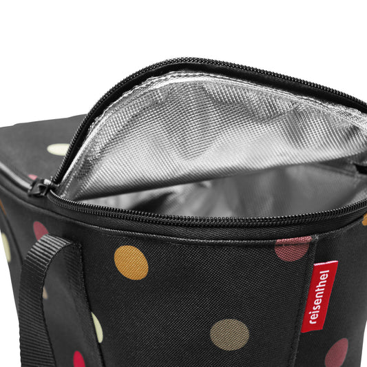 Chiusura a cerniera e manici della borsa frigo compatta Reisenthel a pois.