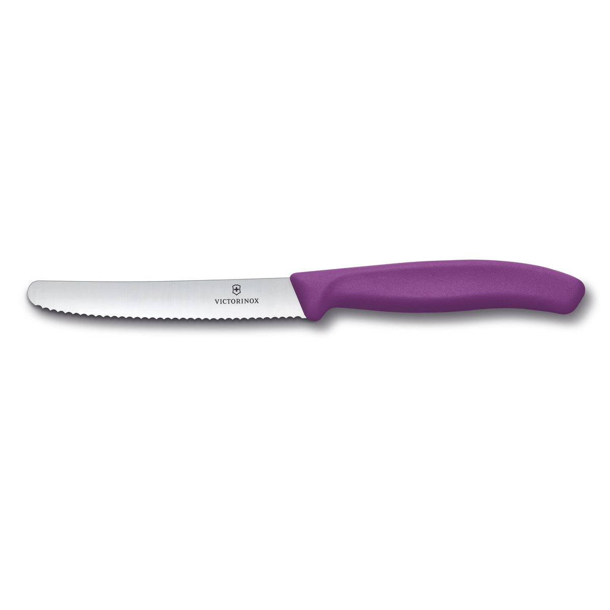 Coltello professionale da tavola e pomodoro Victorinox Swiss Classic con lama in acciaio inossidabile a filo ondulato da 11 cm e manico ergonomico viola, Tutto Chic.