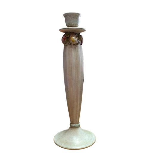 Portacandela in ceramica Bosa Ceramiche collezione Melrose, base verde con decoro di frutta in rilievo, design artigianale vintage Made in Italy, Tutto Chic.