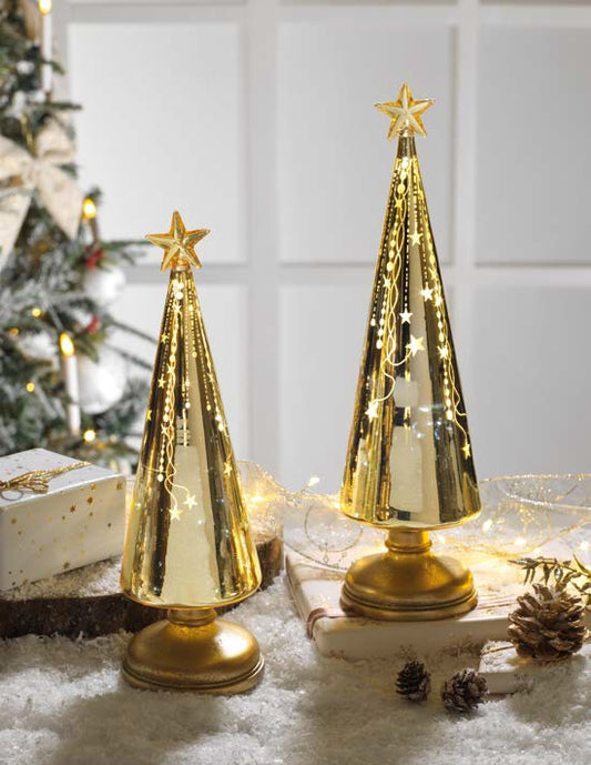 Realizzato in vetro color oro lucido e decorato con stelle, con led intermittenti. Dimensioni: cm 10x30 h Batterie incluse. In negozio e online su tuttochic.live
