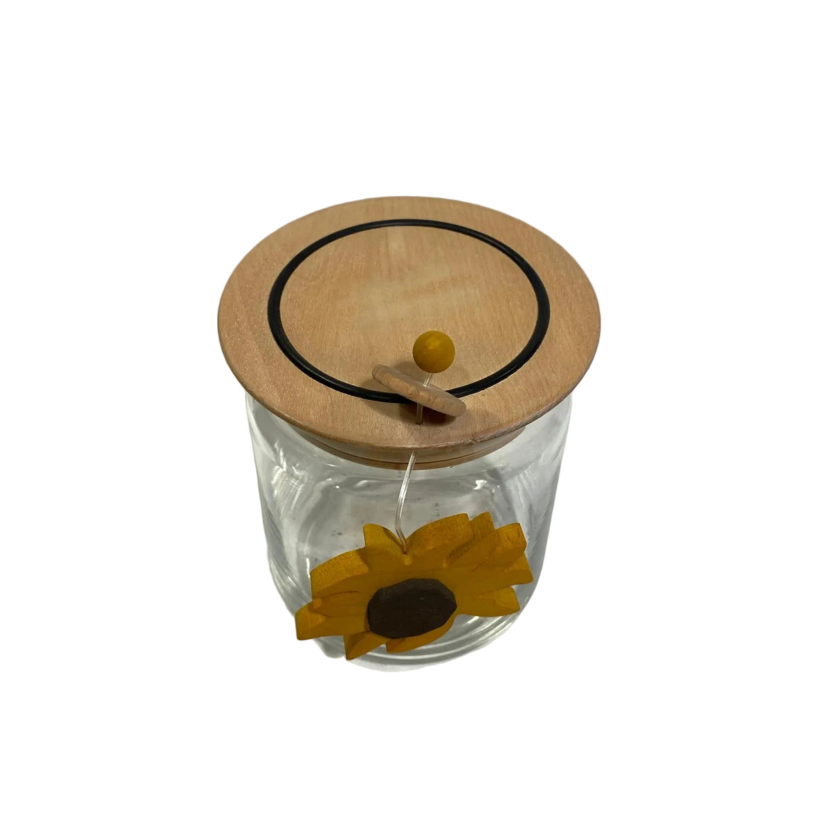 Barattolo ermetico in vetro trasparente con coperchio in legno d'acero e decoro a girasole pendente modello Girasole di Legnomagia.