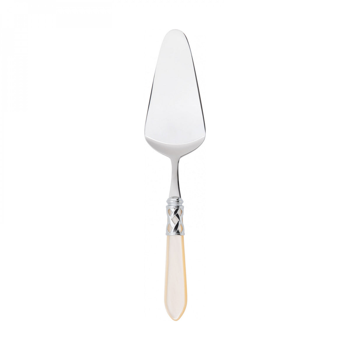 pala per servire torte e dessert, colore avorio, finitura madreperlata, realizzato in acciaio inox 18/10, da un elegante manico in acrilico unito a una preziosa ghiera intrecciata con finitura acciaio lucido. Sono lavabili in lavastoviglie. Dimensioni: cm 5 x 24. Made in Italy. In negozio e online su tuttochic.live