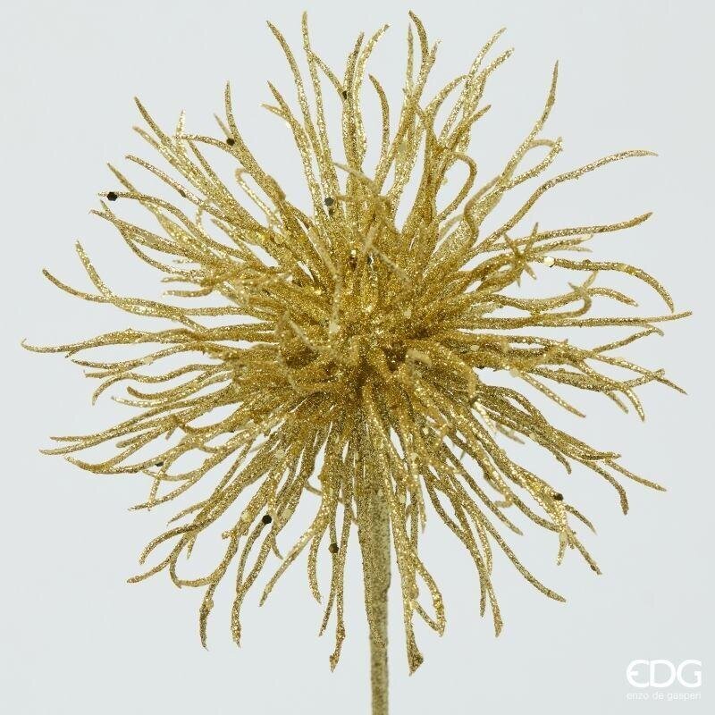 Dettaglio ravvicinato della testa a raggiera del ramo pompom EDG che mostra la densa texture di glitter oro e paillettes lucenti.
