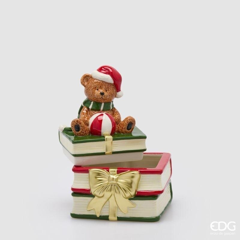 Contenitore natalizio in ceramica di EDG aperto, con il coperchio a forma di libro e orsetto sollevato per mostrare lo scomparto interno portaoggetti.