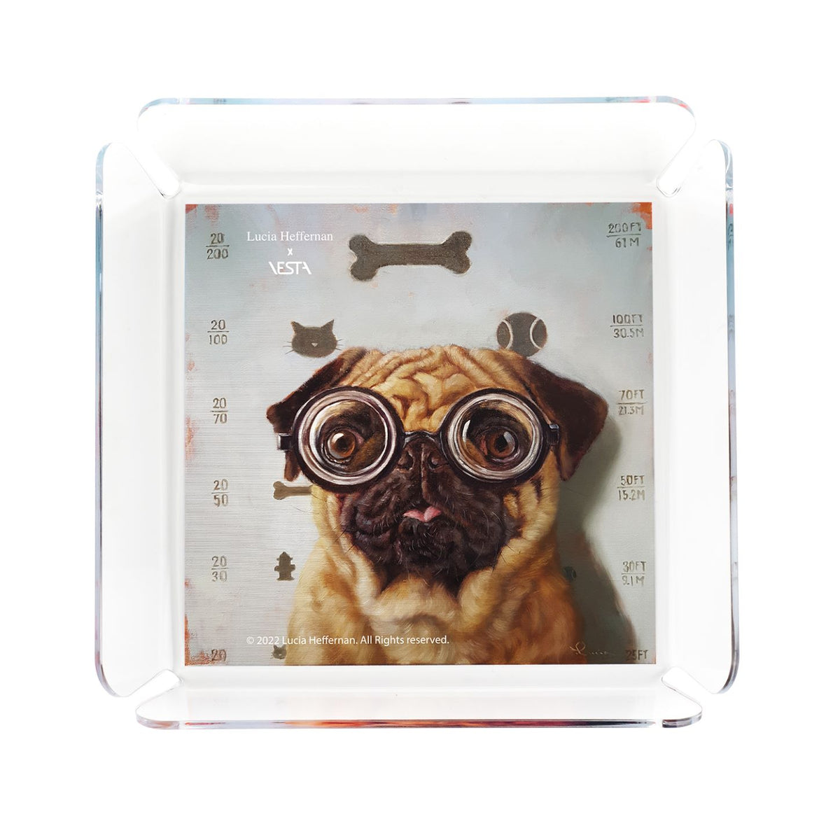 L’iconico vuotatasche Vesta in cristallo acrilico diventa un oggetto ironico grazie alle immagini del fantastico mondo animale di Lucia Hefferrnan. Dimensioni: cm18x18 cm spessore 4 mm. In negozio e online su tuttochic.live