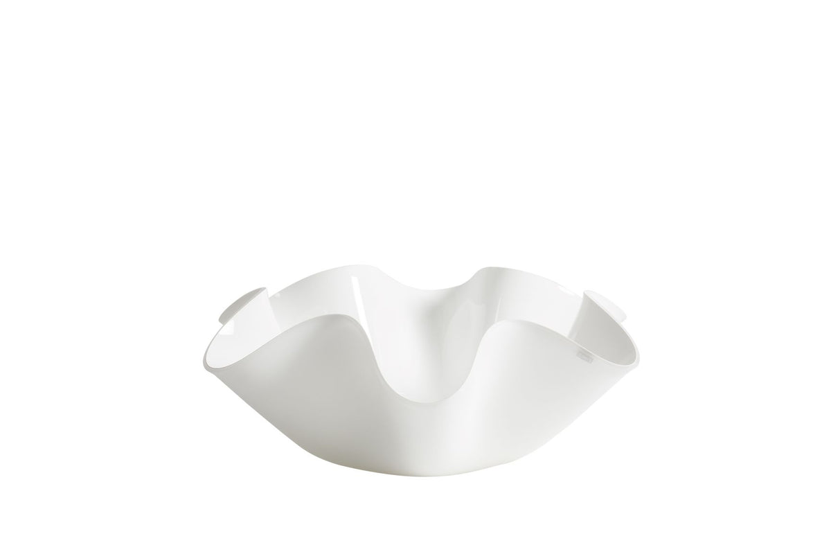 Centrotavola medio in cristallo acrilico tagliato al laser e piegato a mano. Colori: interno bianco, esterno bianco satinato Dimensioni diametro cm 33øx10h. Spessore PMMA mm 5. In negozio e online su tuttochic.live