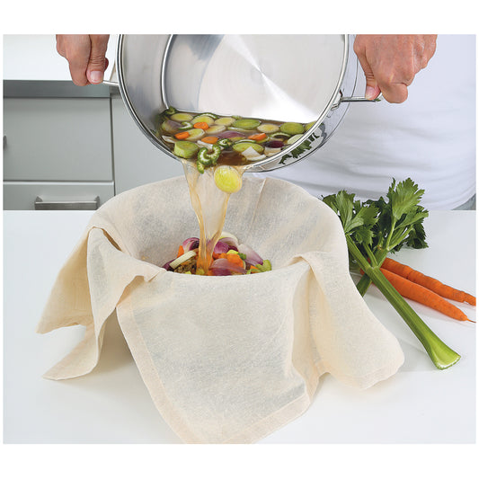 Il canovaccio filtrante KÜCHENPROFI, realizzato in cotone naturale, è un'aiutante indispensabile in cucina. Permette di chiarificare il brodo, di estrarre succhi o di preparare il latte vegano o formaggio fatto in casa. A prova di strappo e riutilizzabile. Lavabile a 60°C. In negozio e online su tuttochic.live
