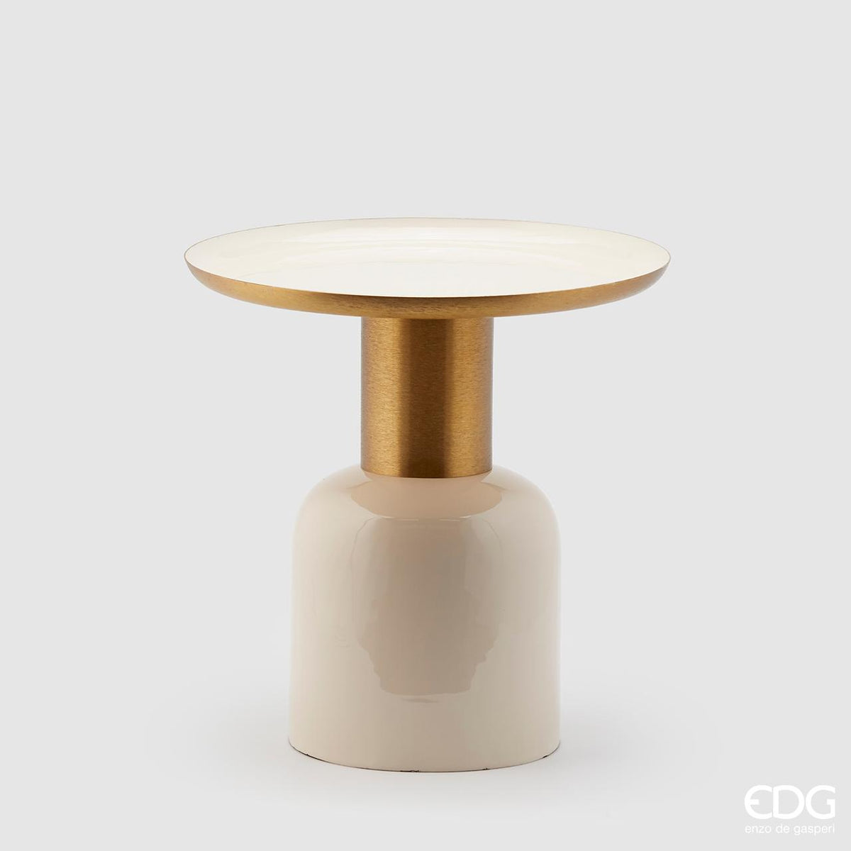 Tavolino rotondo da salotto in metallo beige con stelo oro e base bombata H 44 cm di EDG Enzo De Gasperi.