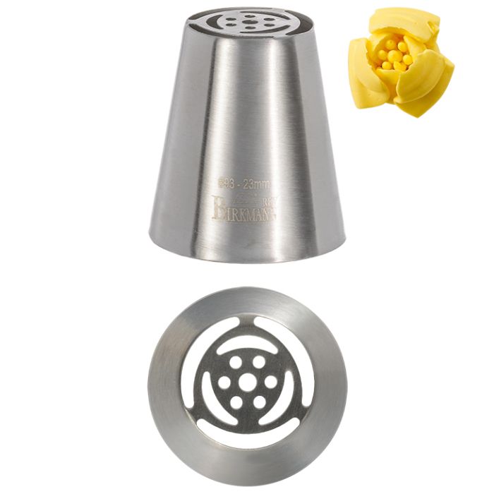 Bocchetta N. 93 a fiore per sac a poche realizzato in un unico pezzo in acciaio inox, ideale per creare decorazioni artistiche su cupcake, crostate e pasticcini. Dimensioni: 3,0 x 3,0 x 4,0 cm, foro di uscita Ø 23 mm. In negozio e online su tuttochic.live