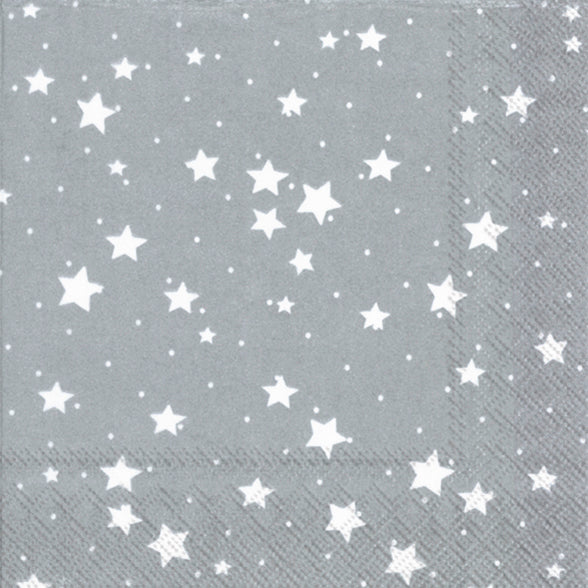 Confezione di 20 tovaglioli di carta a 3 veli decorati con tema Stelle di Natale fondo color argento . Dimensioni: cm 33 x 33. Made in Germany. In negozio e online su tuttochic.live
