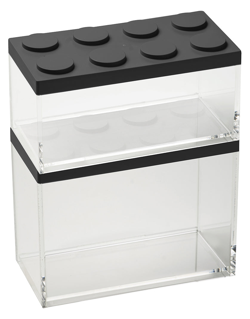 Barattolo contenitore ermetico in acrilico trasparente con coperchio in stile Lego, assemblabili e modulabili. Utilizzabili non solo in cucina, lavabili in lavastoviglie, idonei al contatto alimentare. Dimensione: cm.10 x 20 x h 15,5 Capacità: lt. 2 Colore: nero Made in Italy