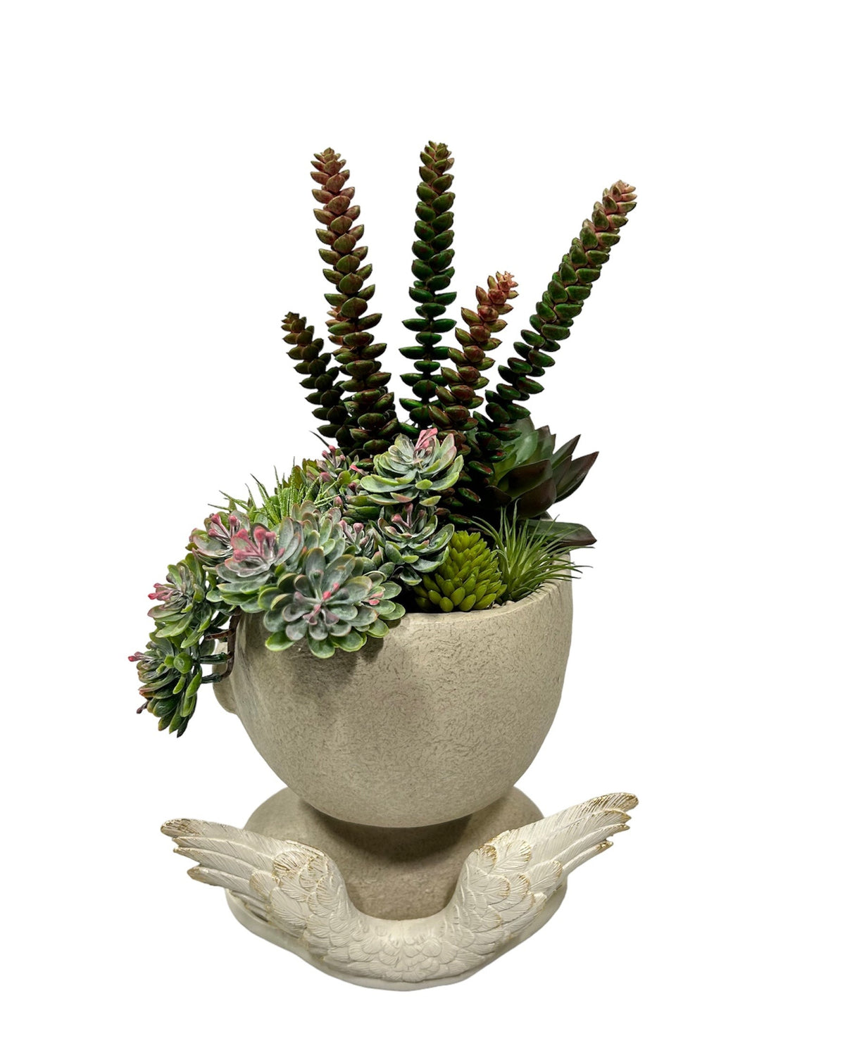 Cachepot in resina decorata composta da due pezzi separati: base con ali e testa con composizione di piante grasse artificiali. Dimensioni: cm 20 x 21 x h 39. In negozio e online su tuttochic.live