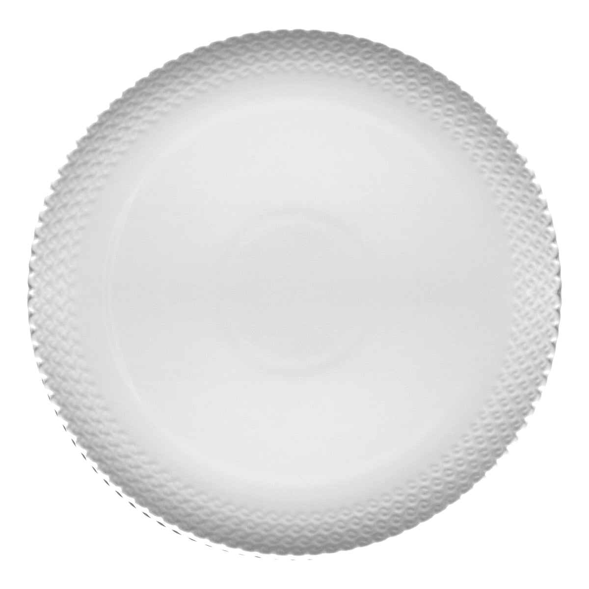 Piatto in porcellana bianca. Dimensioni: Ø 34; h2,5 cm Bordi smerlati su piatti, vassoi, piattini, bowl della linea Momenti, per dare un tocco di eleganza ad ogni apparecchiatura. Utilizzabile in forno tradizionale Utilizzabile in forno a microonde Lavabile in lavastoviglie. In negozio e online su tuttochic.live